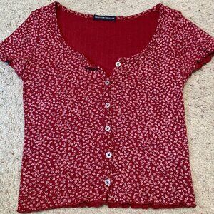 Brandy Melville Red Floral Print Ribbed Cropped Top One Size OS